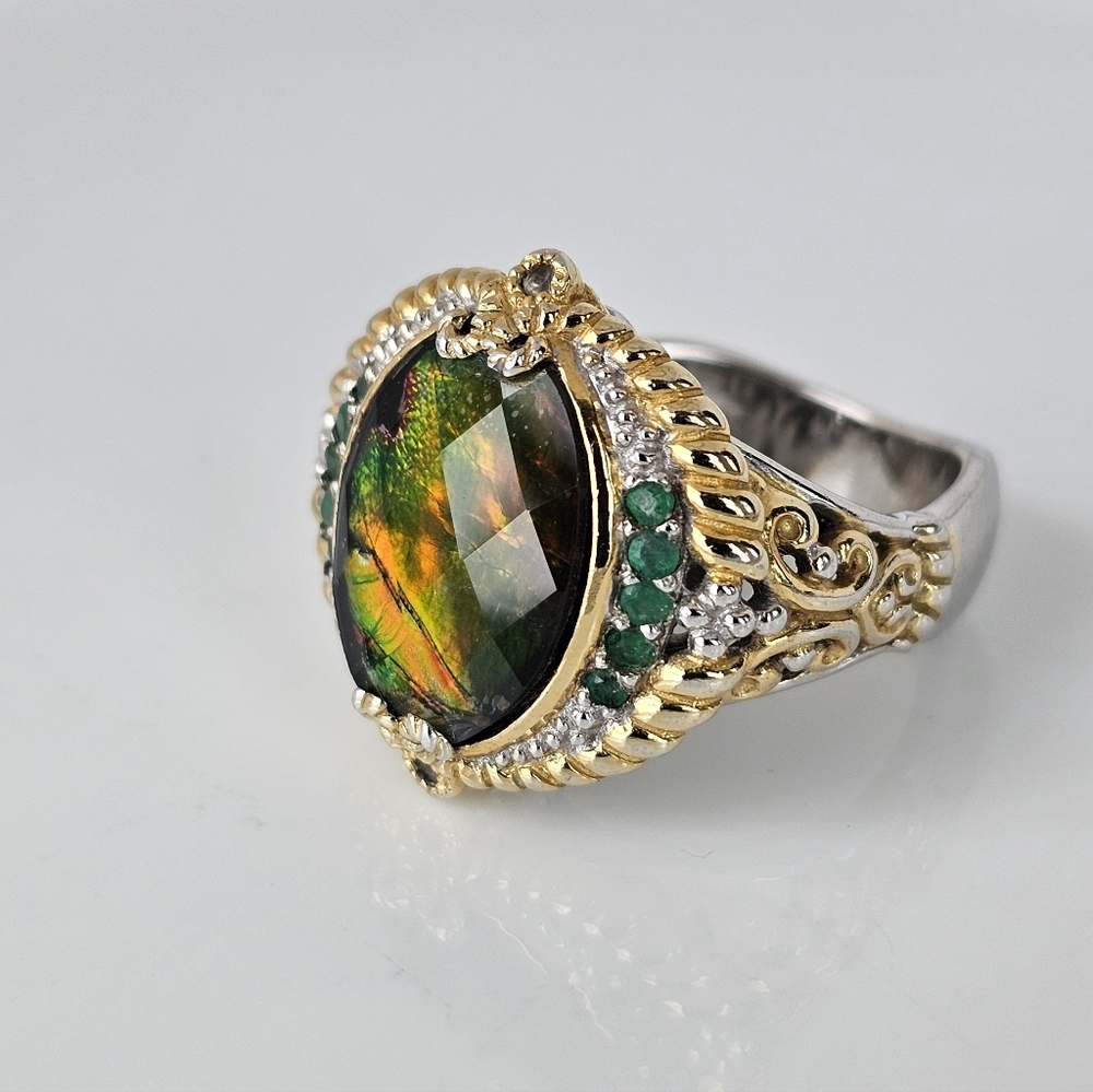 Gems En Vogue Ammolite & Emerald Ring Palladium Sterling Silver 18k Size 8! - Picture 5 of 11